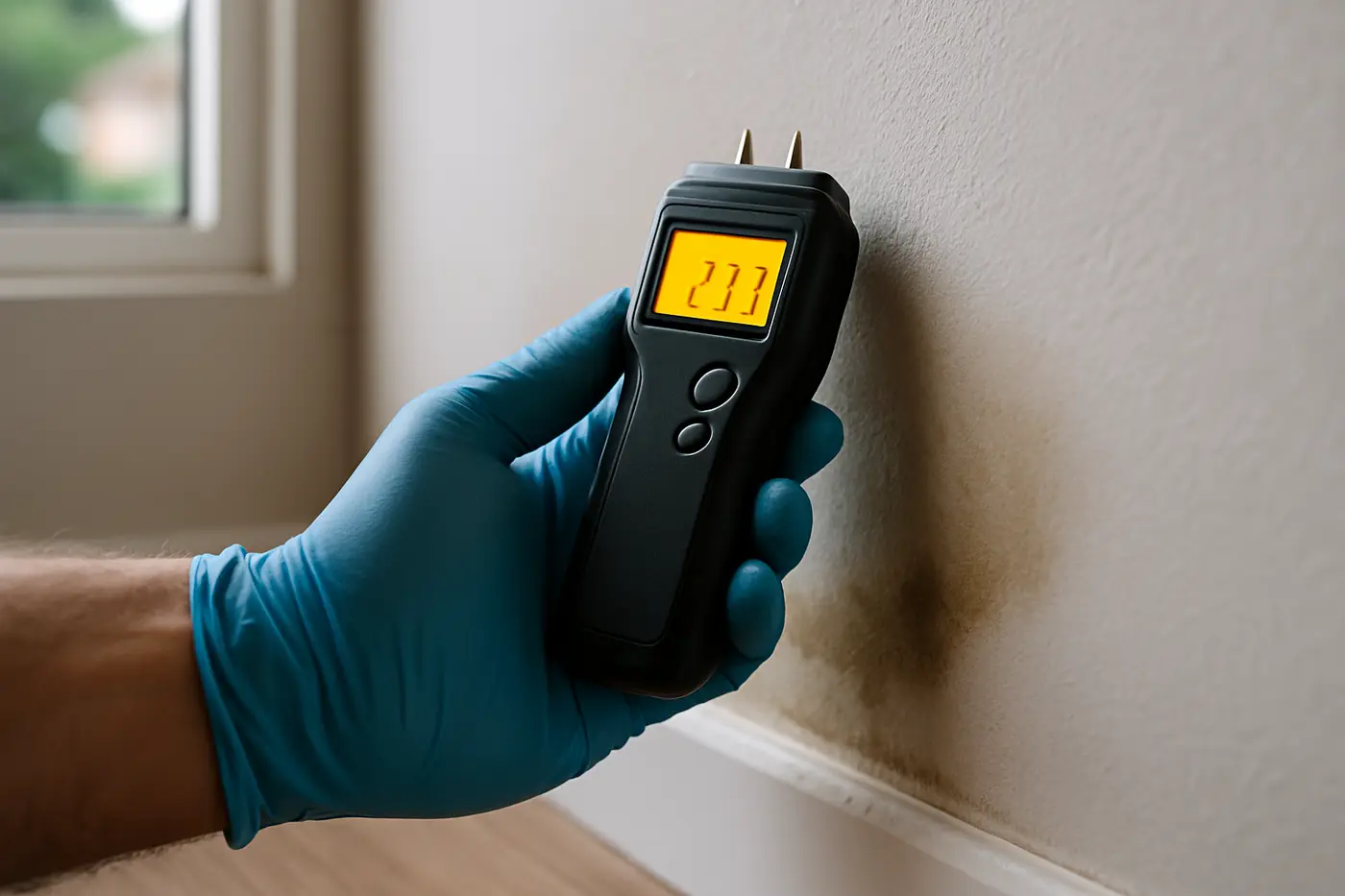 Technician taking a moisture meter reading on a wet gyprock wall in a Brisbane home