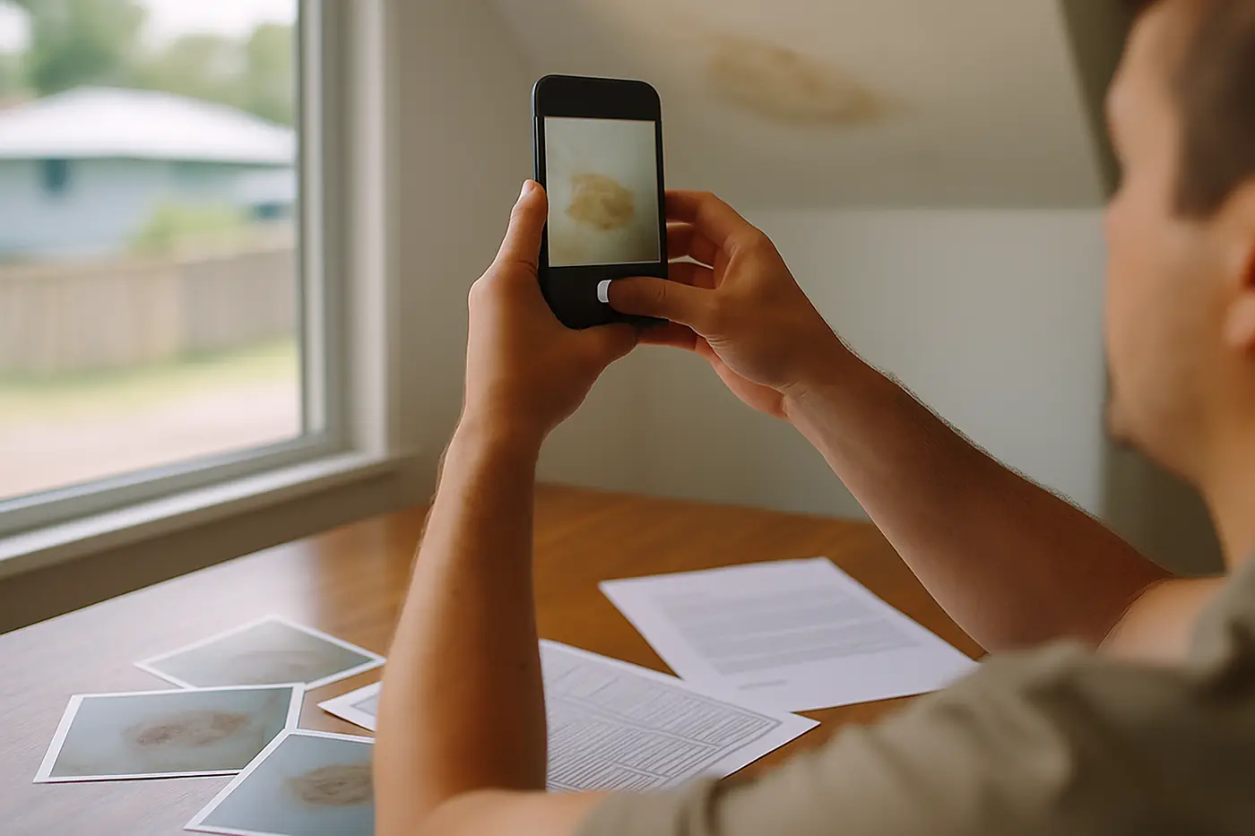 Person photographing a water-stained ceiling with printed photos and a moisture reading sheet below