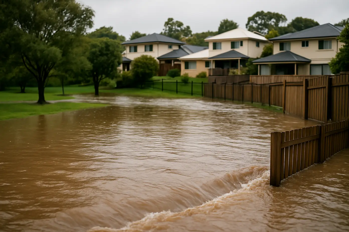 Suburban Brisbane creek burst its banks with floodwater across a park