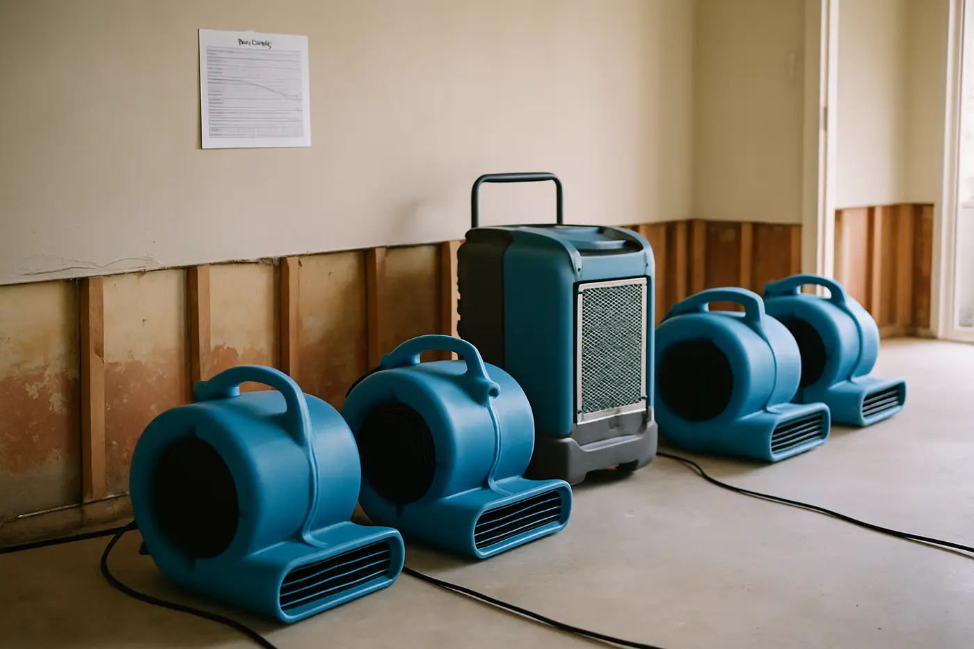 Air movers and a dehumidifier in a stripped room with a moisture log chart on the wall
