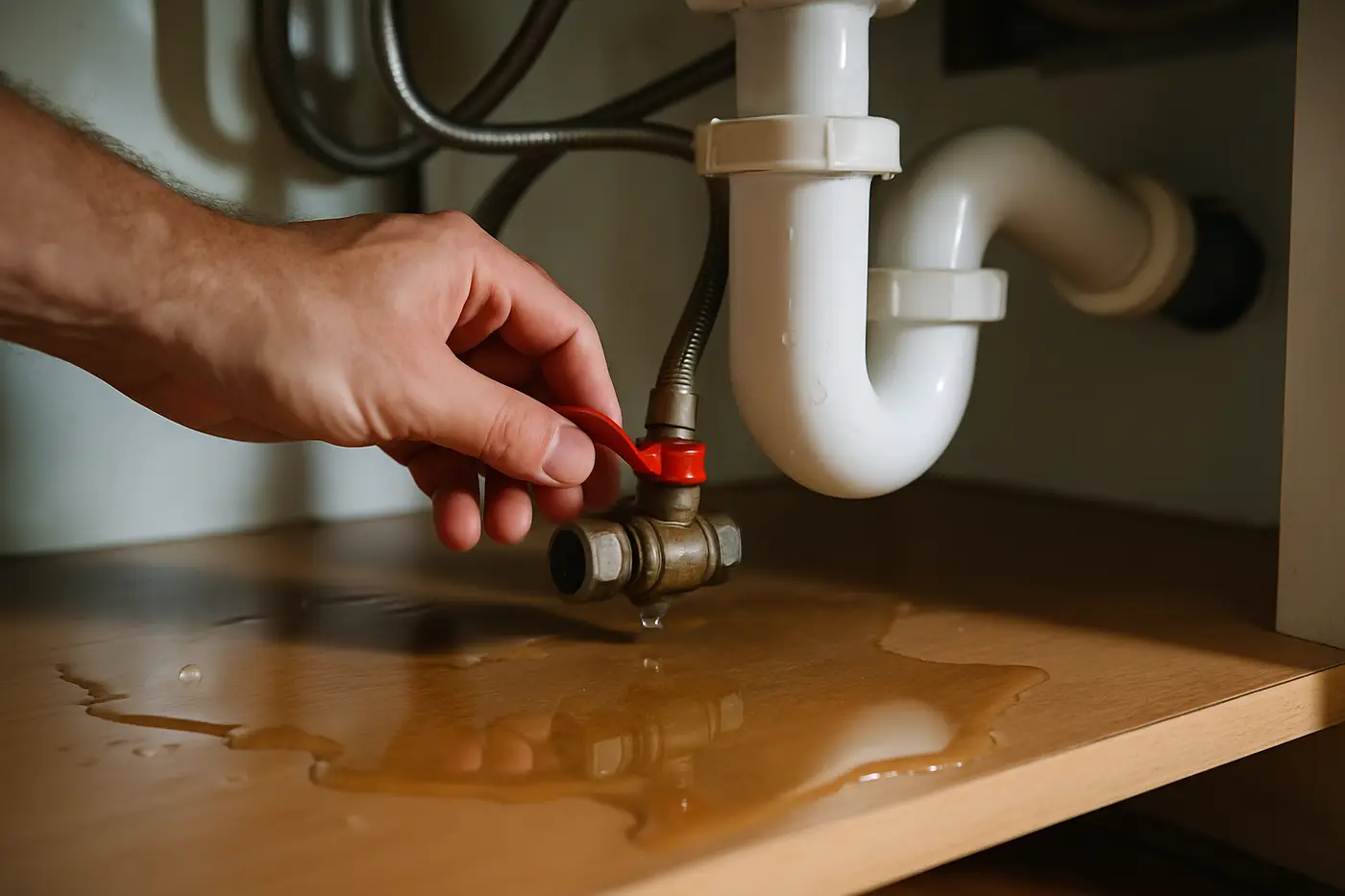 Hand turning off a water isolation tap under a kitchen sink with water pooled on the cabinet floor
