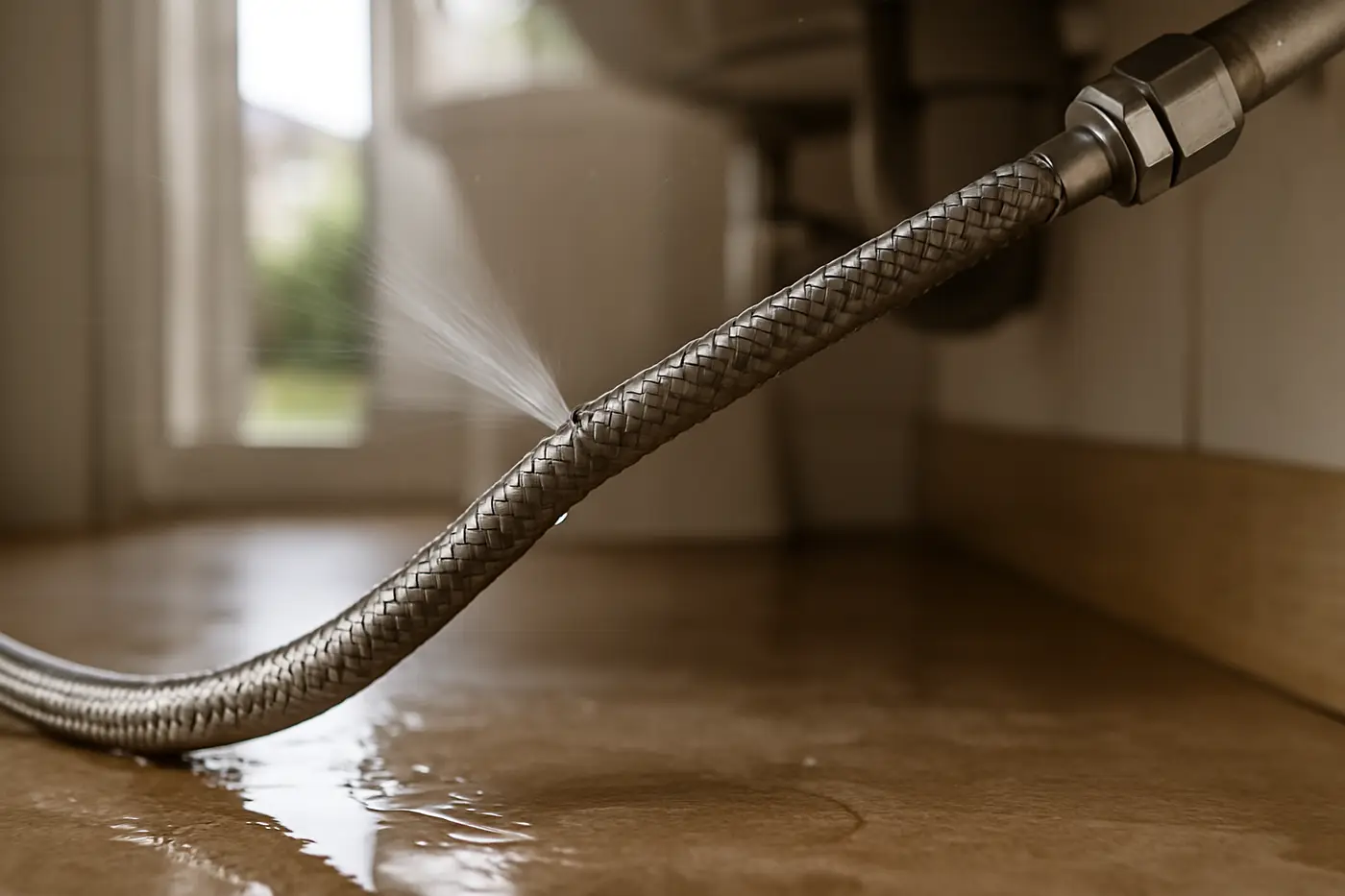 Braided flexi hose split open and spraying water under a bathroom vanity