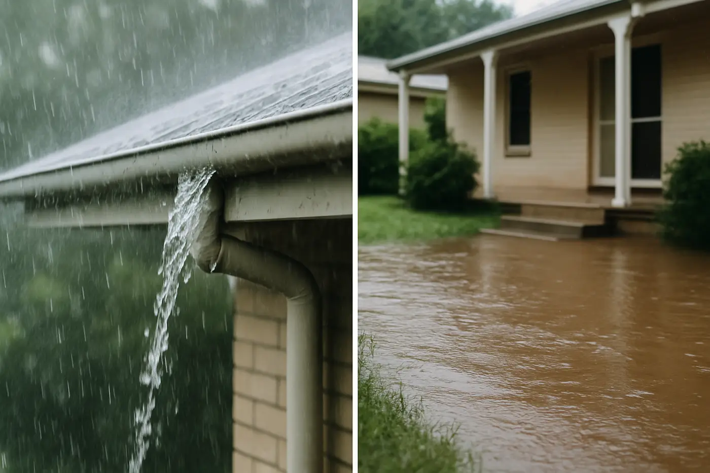 Rain overflowing a gutter beside brown floodwater rising across a lawn