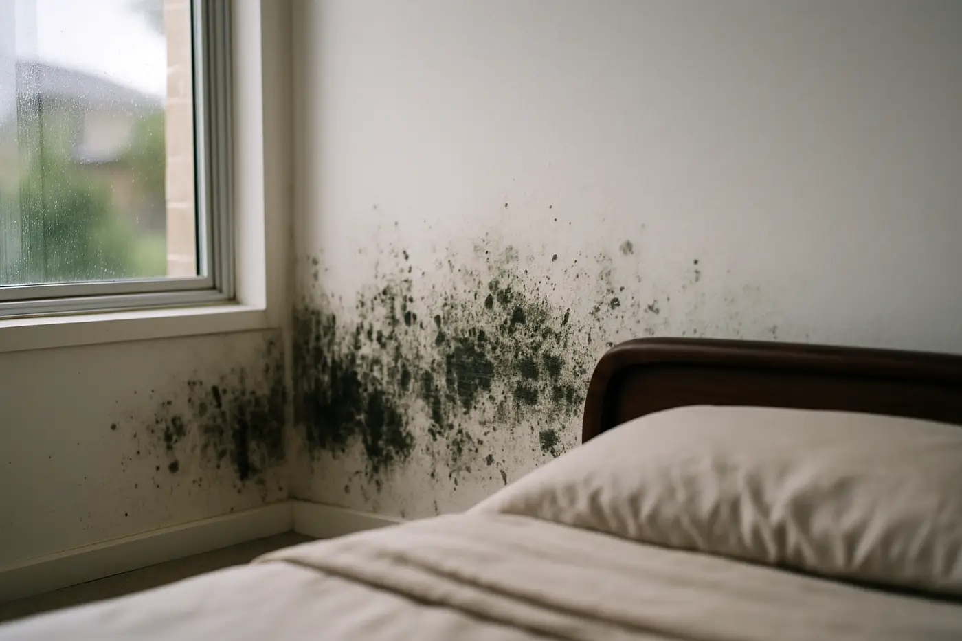 Mould spreading across the lower part of a painted wall with condensation on the window