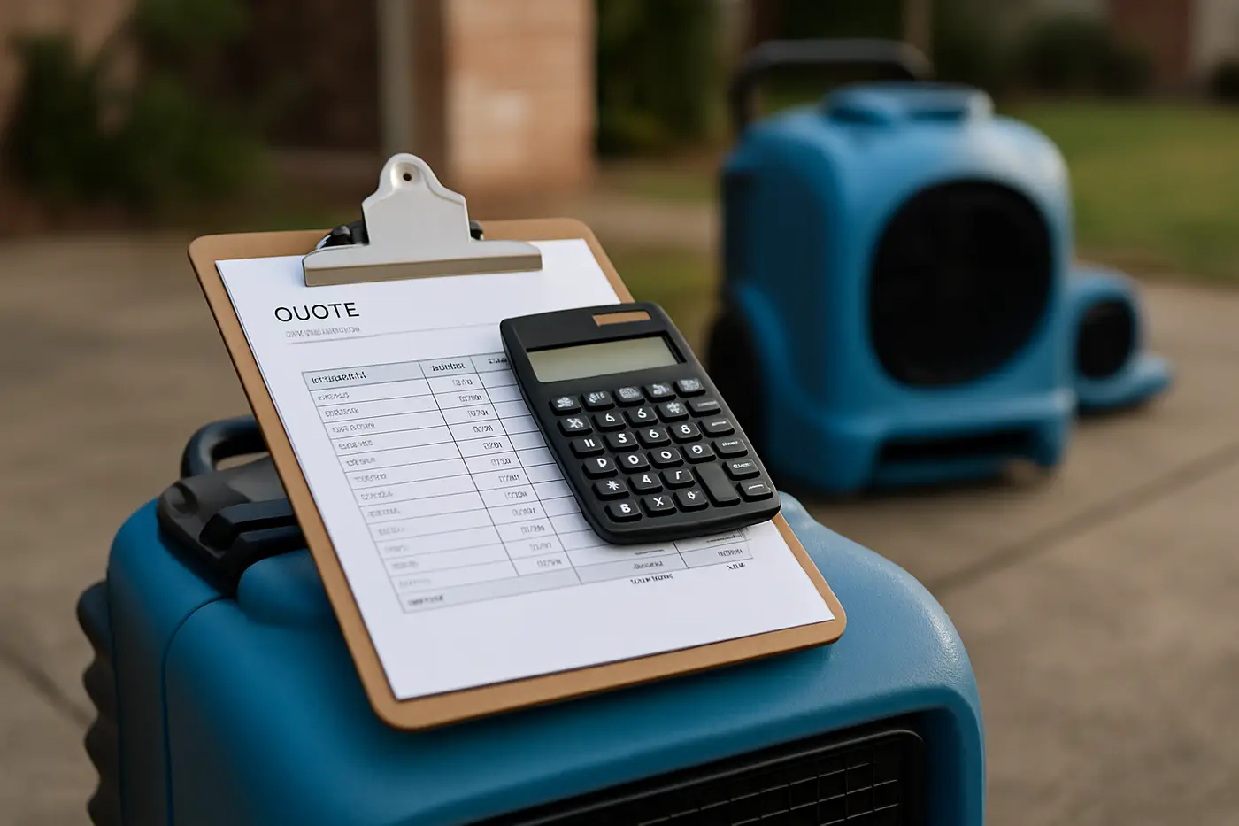 Itemised restoration quote and calculator resting on a dehumidifier