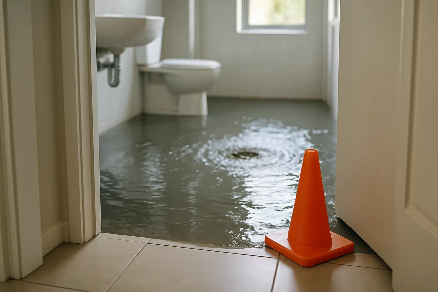 Grey water backed up from a bathroom floor waste with a warning cone at the door