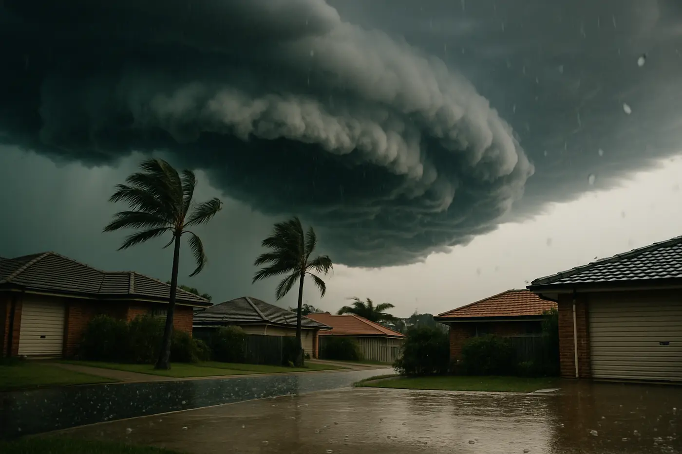 Supercell storm front rolling over Brisbane suburban rooftops