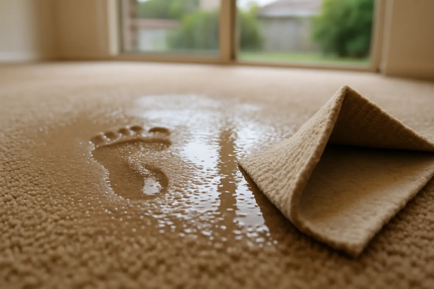 Soaked carpet lifted at the corner to show wet underlay