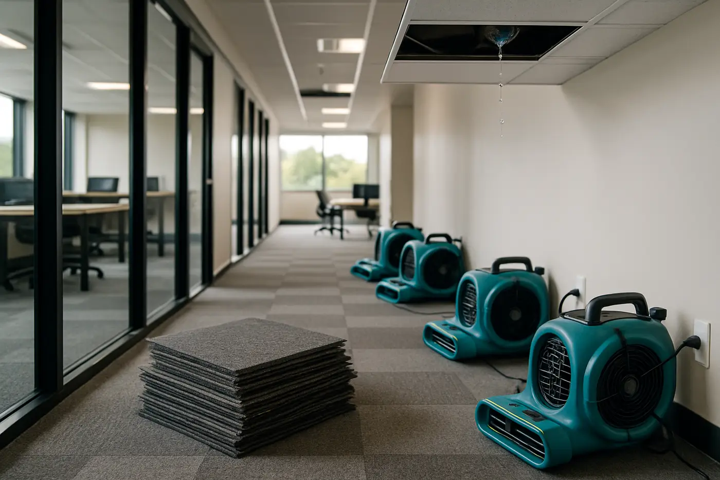 Commercial office fit-out being dried after a sprinkler leak, equipment along the corridor