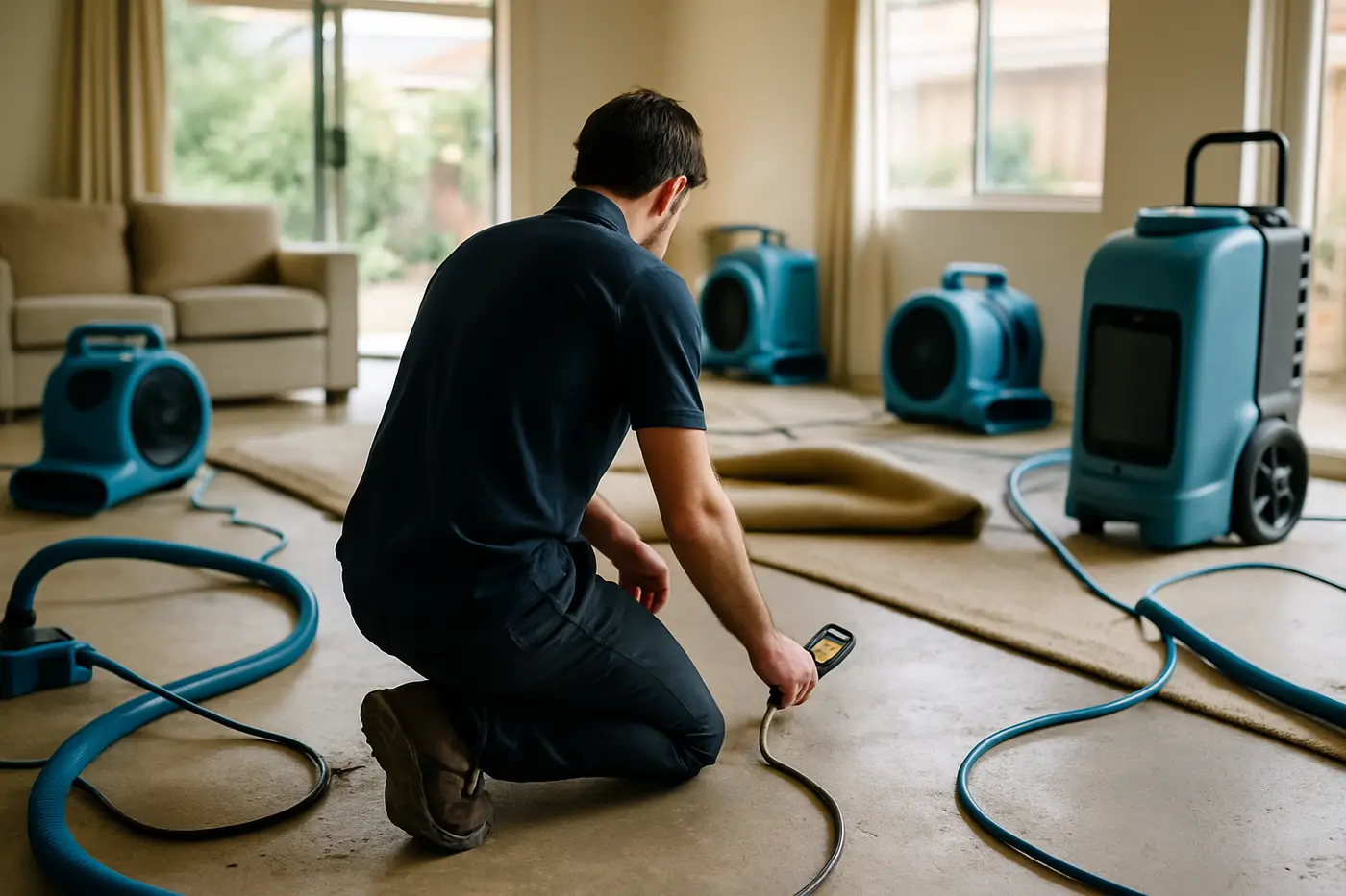 Restoration technician running an air mover and dehumidifier in a flooded Brisbane living room