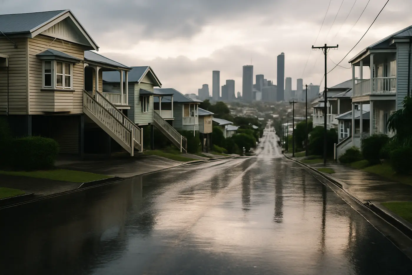 Water damage restoration Inner Brisbane Queenslander homes on a hilly inner Brisbane street after rain