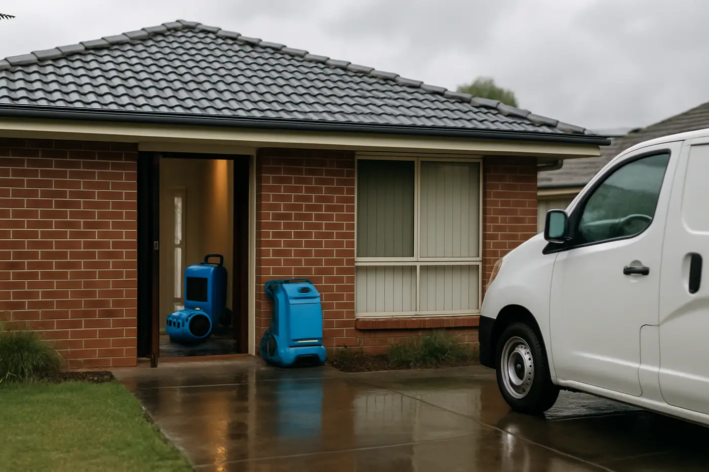 Family home in a Brisbane suburb with drying equipment set up after a flood