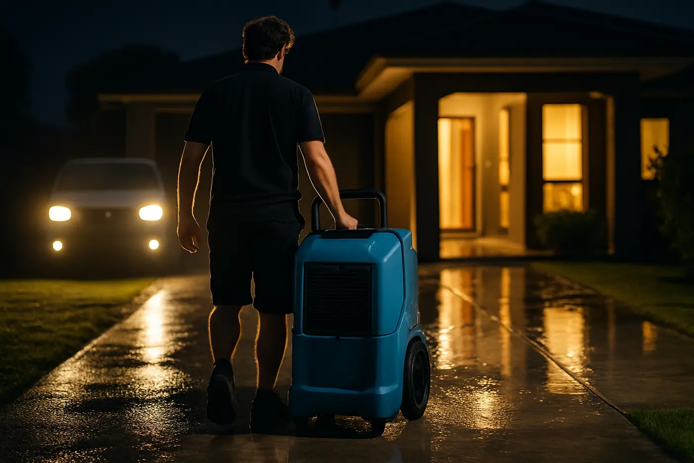 Technician arriving at night with extraction equipment for a burst pipe emergency