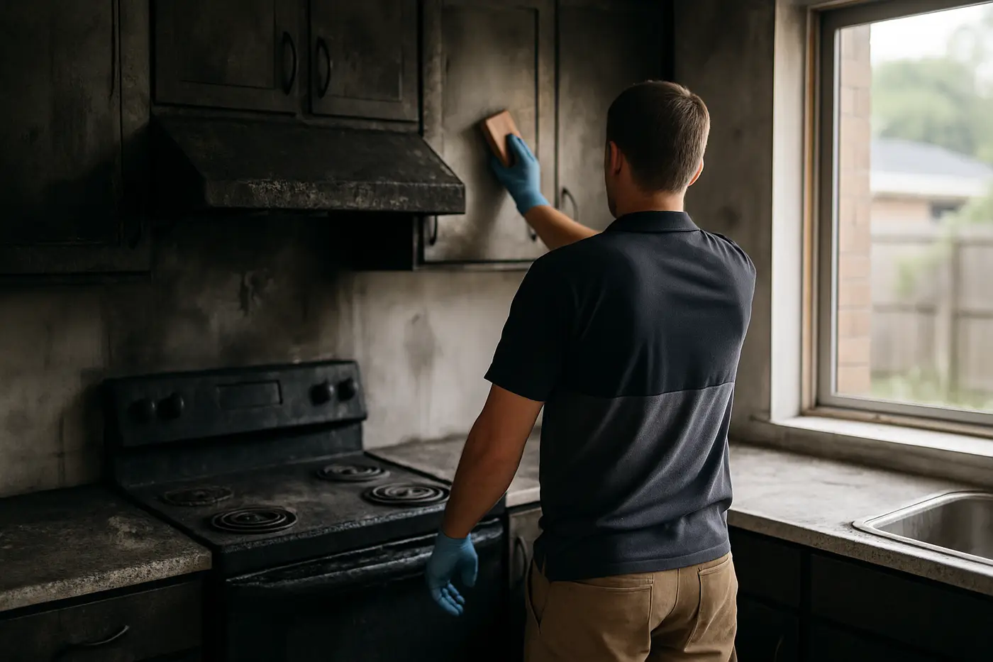 Fire and smoke damage restoration Brisbane Soot-stained kitchen being cleaned after a house fire