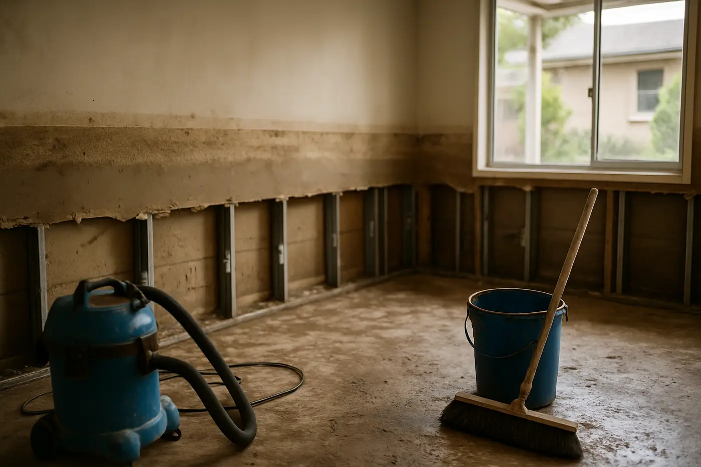 Flood line on the walls of a Brisbane home after creek flooding, cleanup in progress