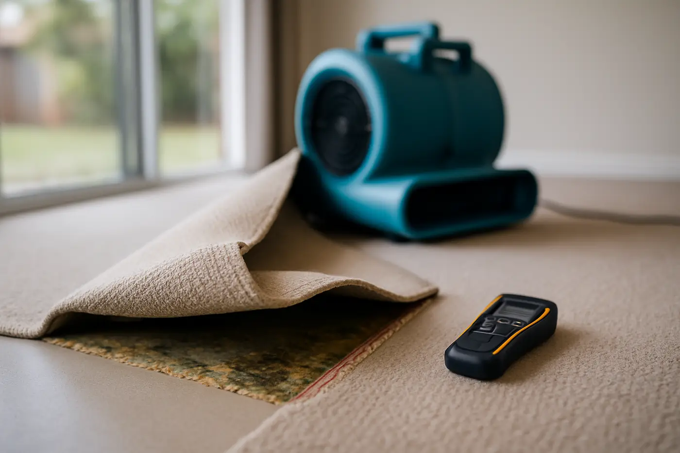 Wet carpet lifted from the underlay with an air mover blowing underneath
