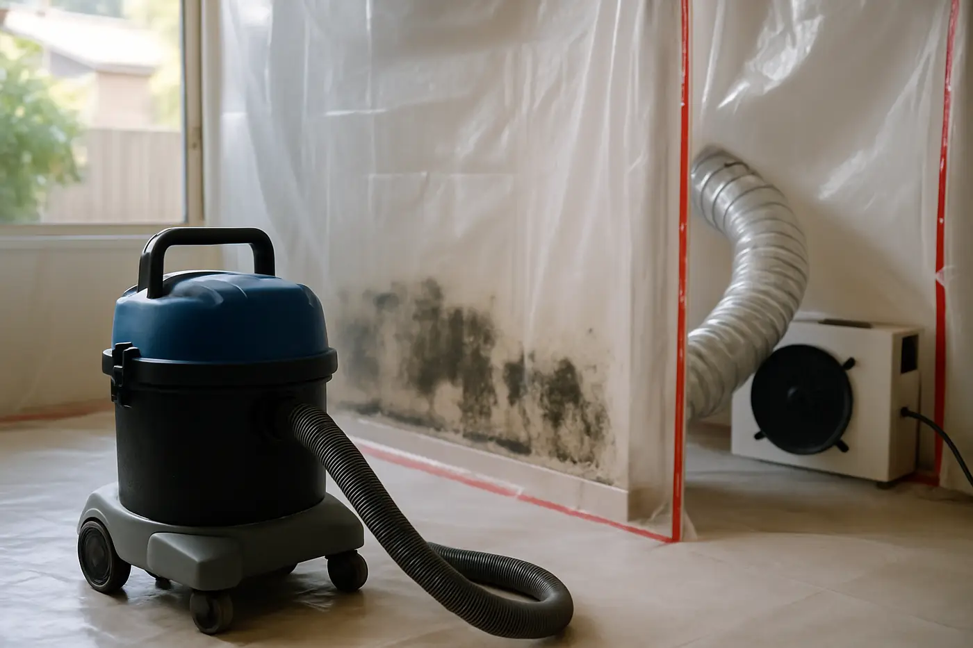 Mould remediation Brisbane Containment sheeting and negative air machine set up for mould remediation
