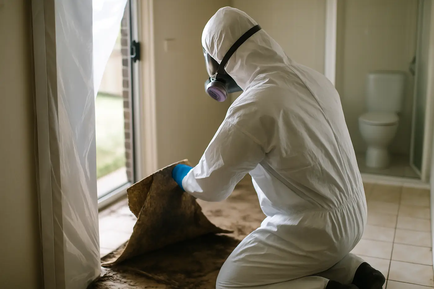 Sewage cleanup Brisbane Technician in full PPE removing contaminated materials after a sewage backflow