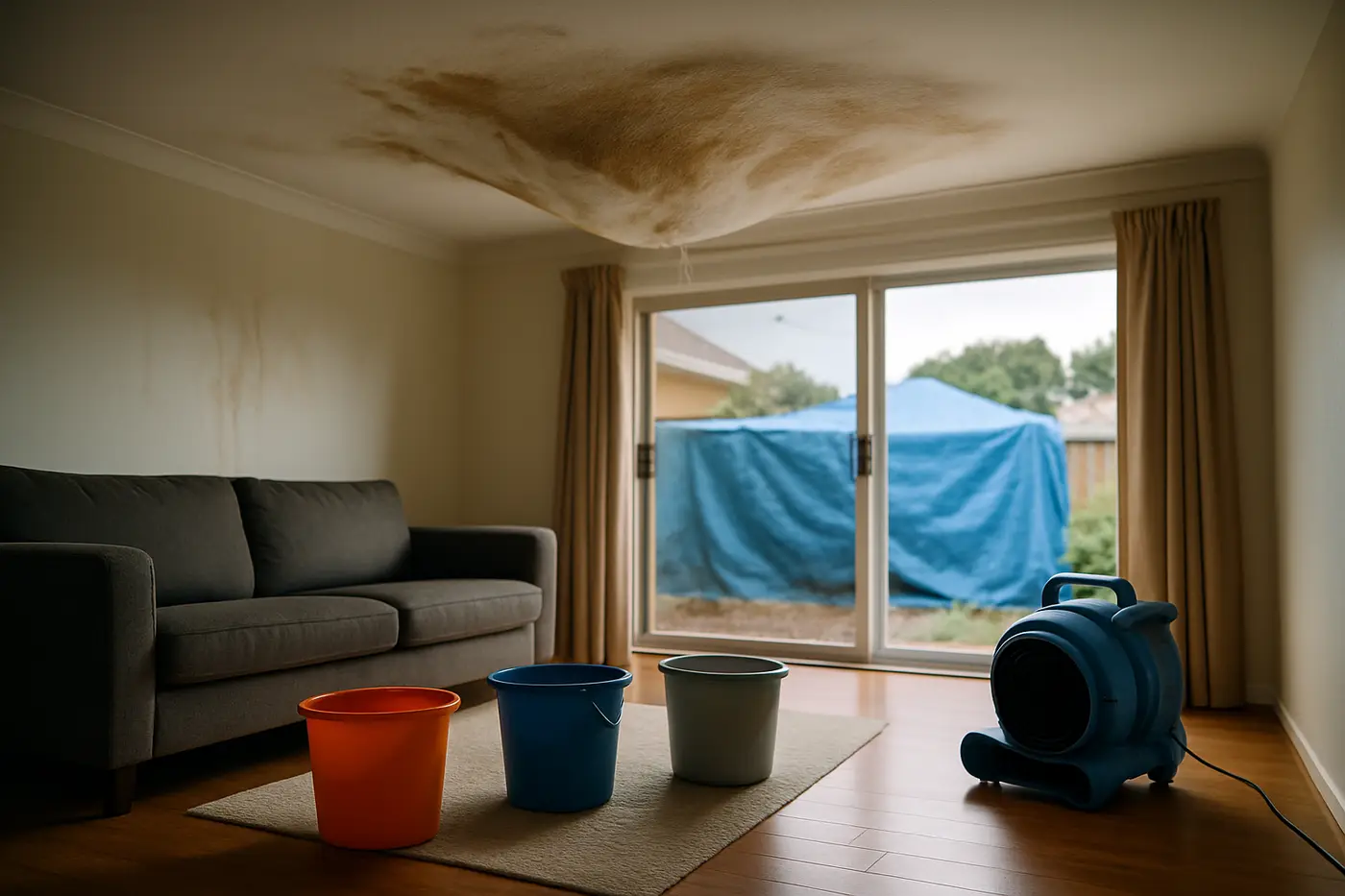 Tarped roof and drying equipment inside a Brisbane home after a summer storm