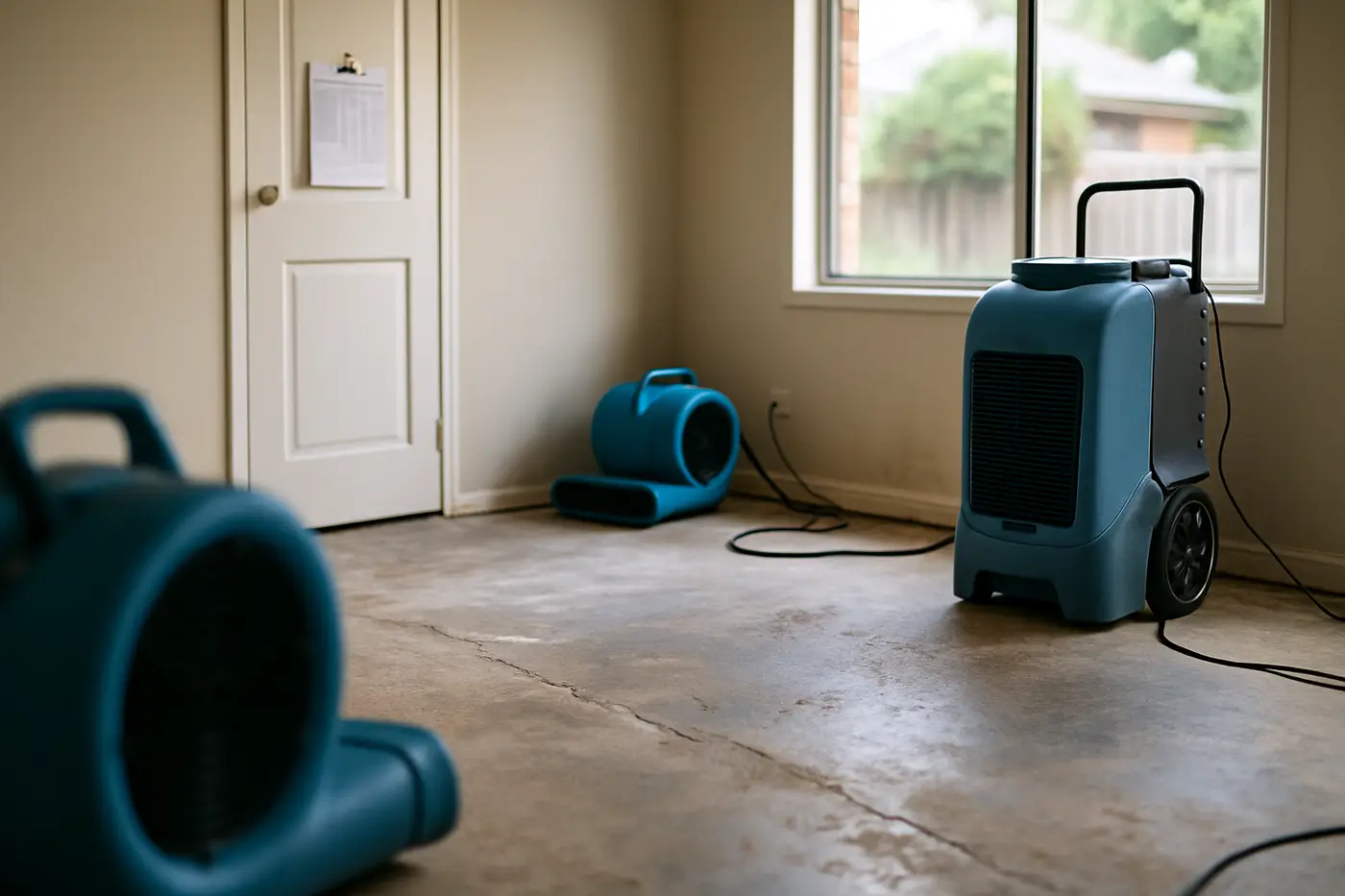 Air movers and a dehumidifier drying a water-damaged Brisbane living room