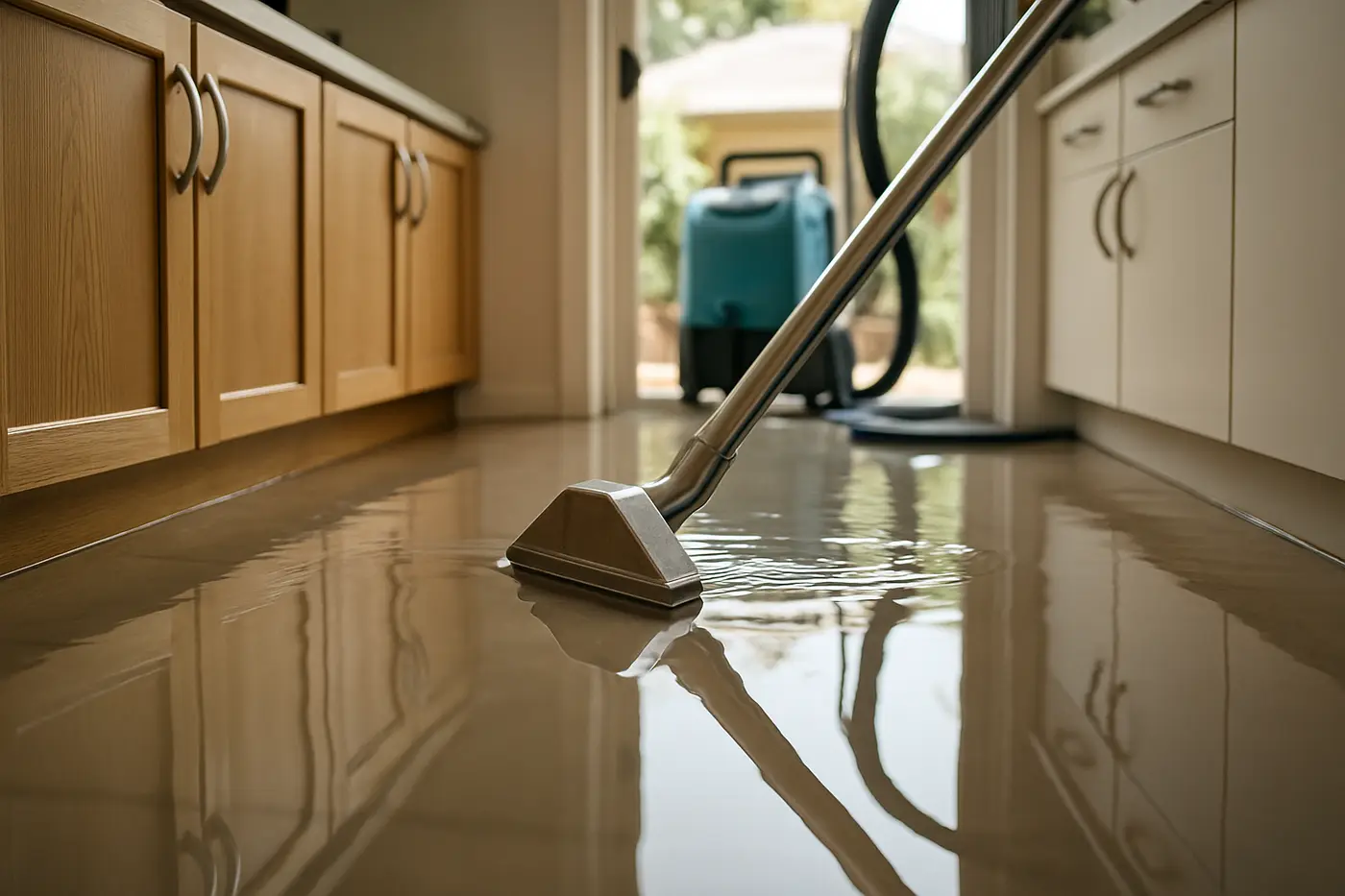 Water extraction Brisbane Extraction wand pulling standing water from a flooded floor