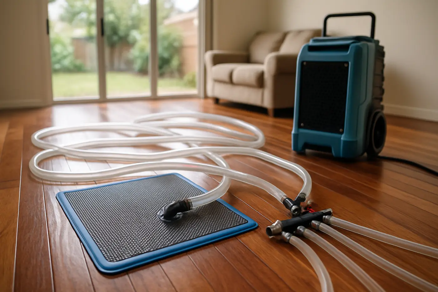 Drying mat system laid across a water-damaged timber floor