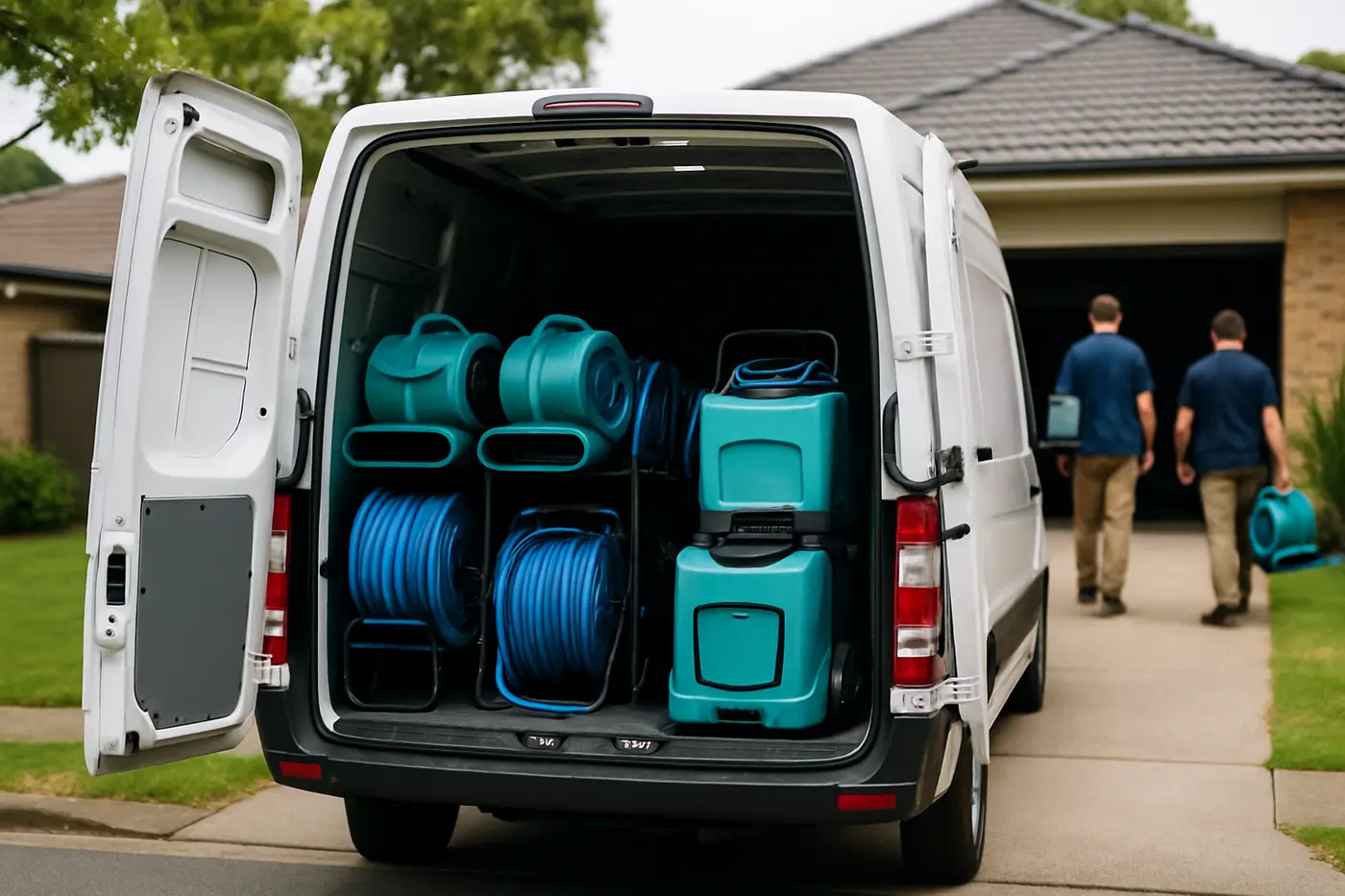 Restoration crew standing beside a van loaded with air movers and dehumidifiers
