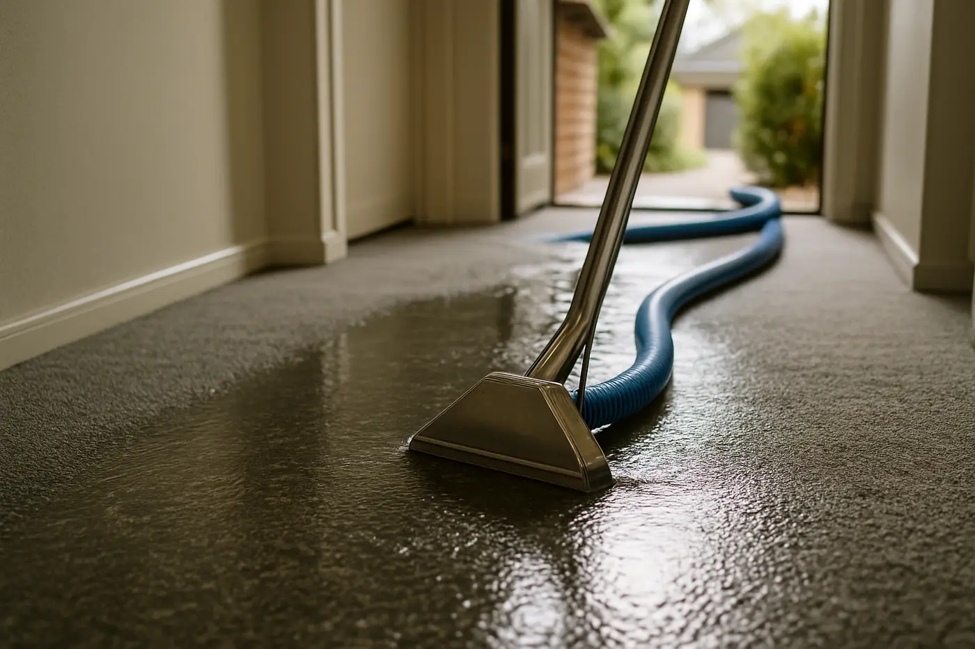 Truck-mounted extraction unit pulling water from saturated carpet after a burst pipe